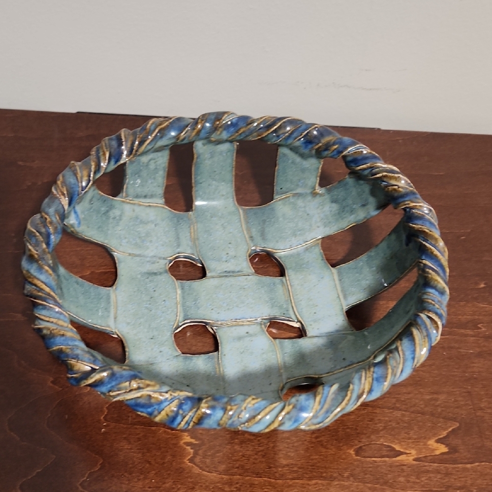 Handcrafted Blue and Green Ceramic Bread Basket Vintage